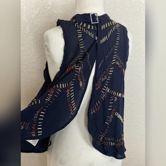 Free People Navy Blue Sleeveless Gauze Top with Beadwork and Open Back - Picture 4 of 8